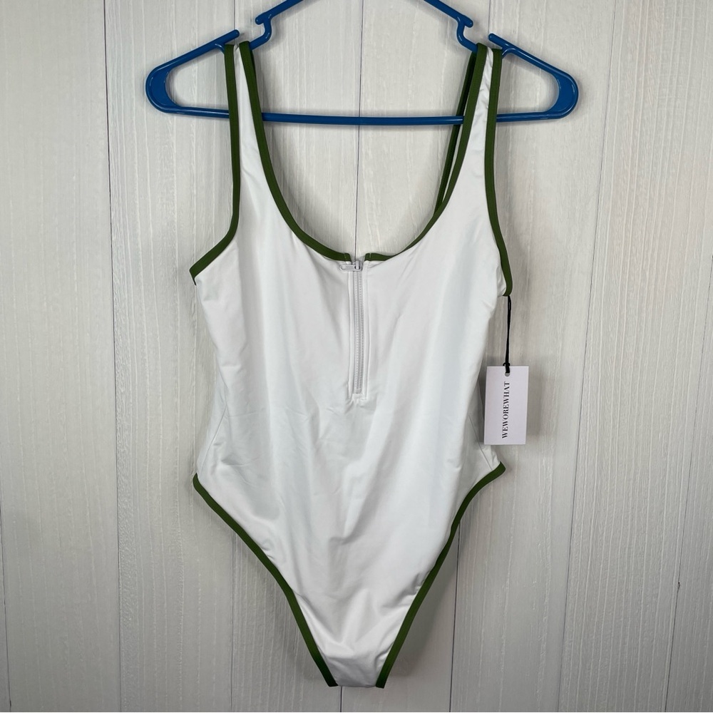 WeWoreWhat Zip Front One Piece Swimsuit - White/Green - Picture 3 of 9